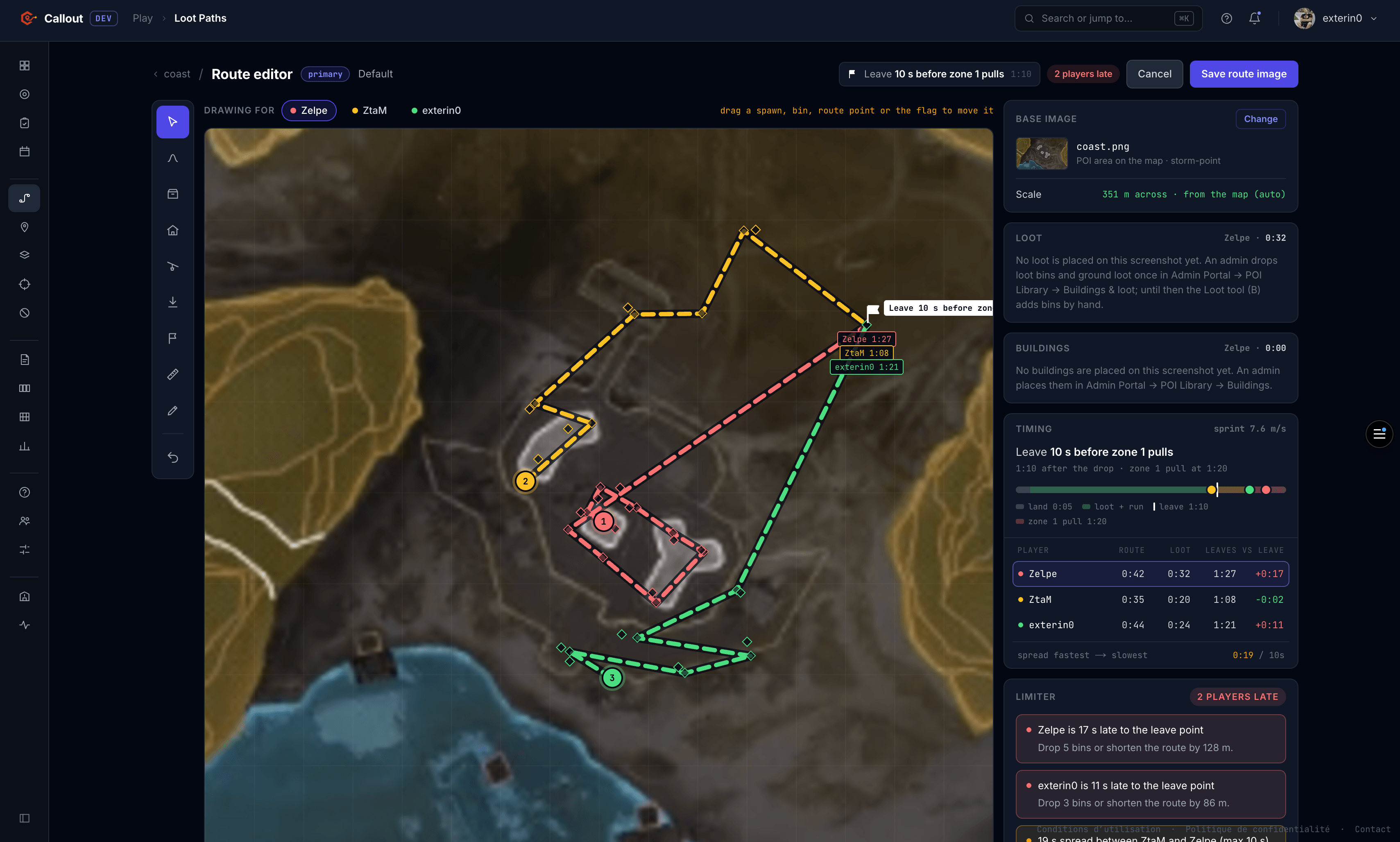 Route editor: three player routes on a POI with per-player route, loot and leave times, the squad spread and what to cut